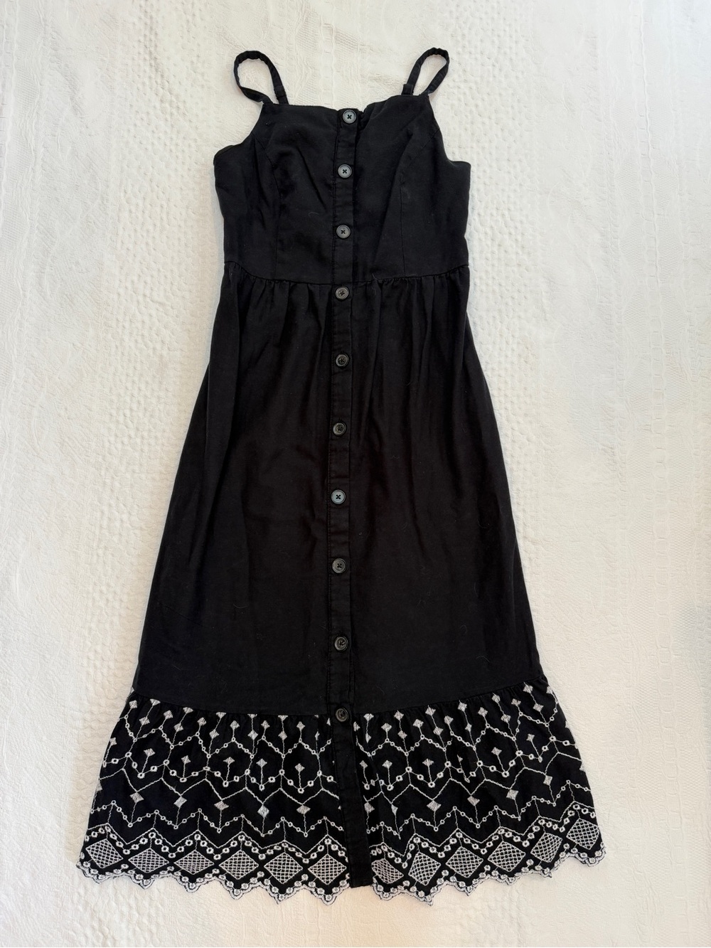 Black Embroidered Dress Linen Blend Spaghetti Strap Women’s XS